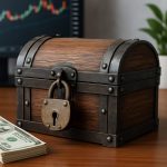locked wooden treasure chest next to a stack of cash and a calculator