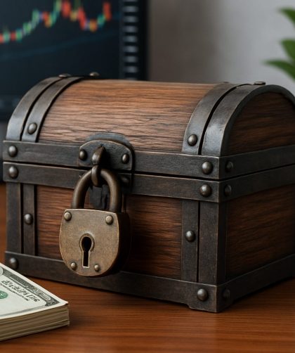 locked wooden treasure chest next to a stack of cash and a calculator