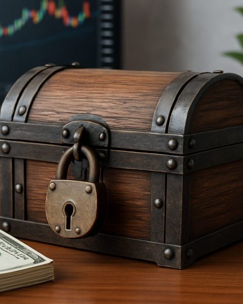 locked wooden treasure chest next to a stack of cash and a calculator