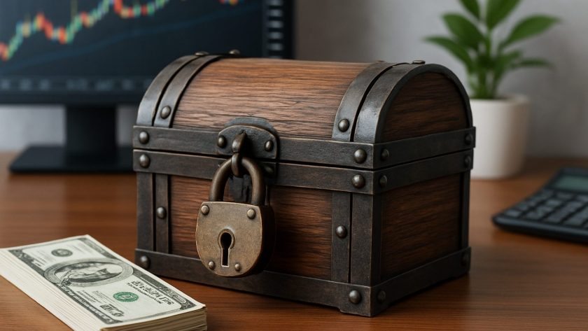 locked wooden treasure chest next to a stack of cash and a calculator