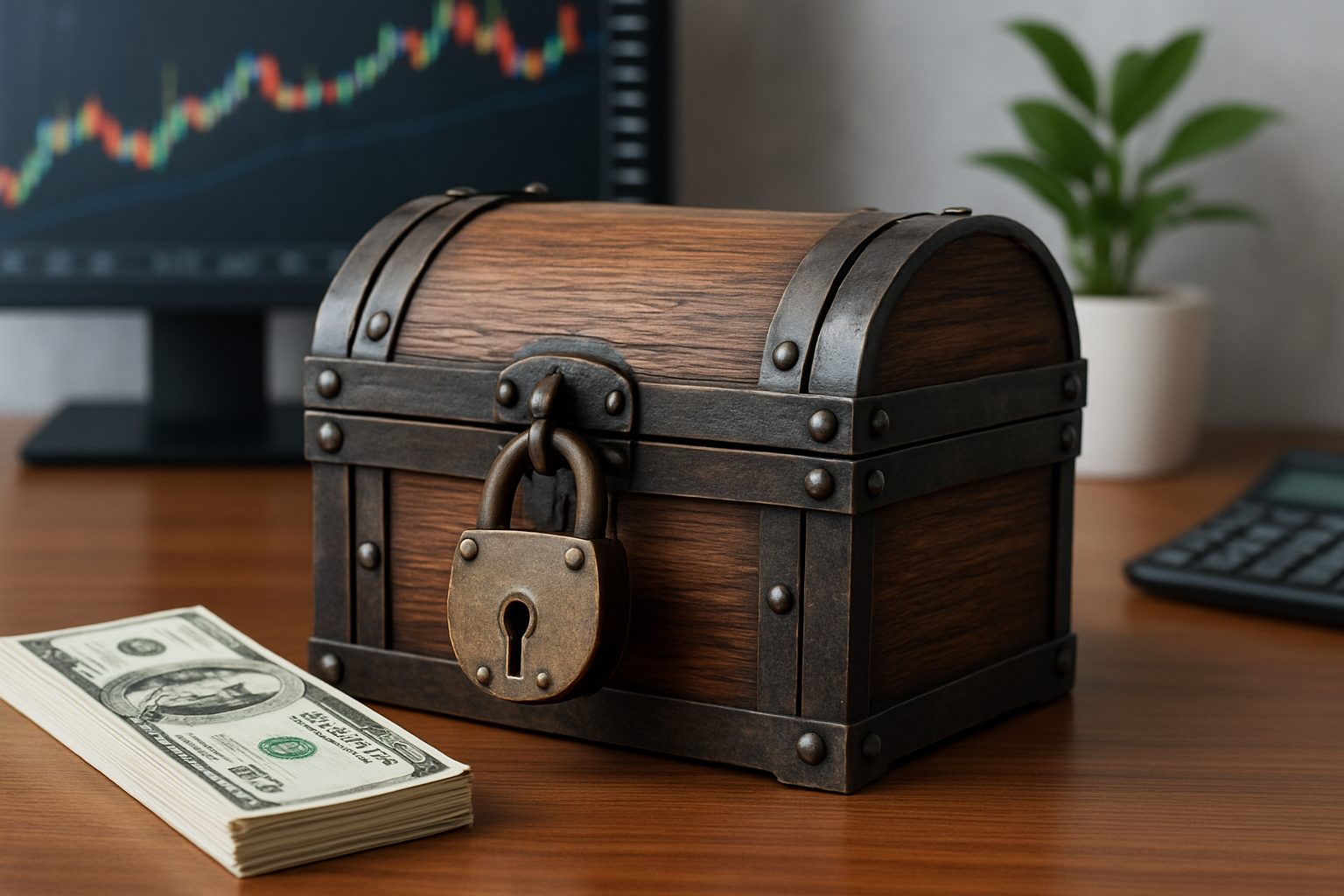 locked wooden treasure chest next to a stack of cash and a calculator